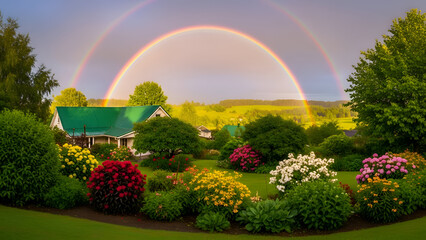 Country house with green roof and lush garden in foreground, double rainbow arching over sky after rain. Flowering plants and bushes, rural atmosphere is enhanced by soft lighting, perspective