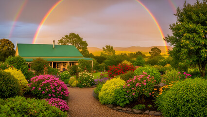 Country house with green roof and lush garden in foreground, double rainbow arching over sky after rain. Flowering plants and bushes, rural atmosphere is enhanced by soft lighting, perspective