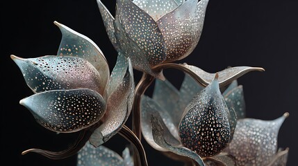 modern futuristic botanical forms with metallic textures