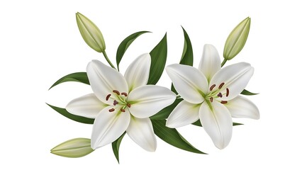 Obraz premium White lily flowers with green leaves on a plain background