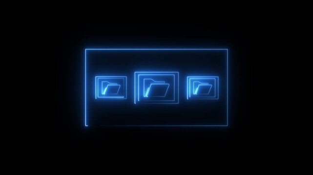 Neon Folder tree line icon on black background Computer network file folder organization structure flowchart. glowing neon page file animation icon. 4K Video motion graphic..