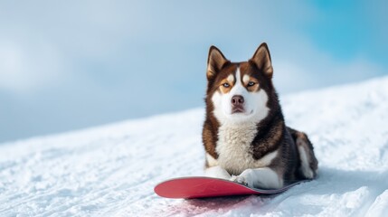 A playful dog sits on a snowboard in a snowy landscape, showcasing a fun and adventurous spirit in a winter setting.