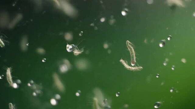 Mosquito Larvae Swimming in Green Water.