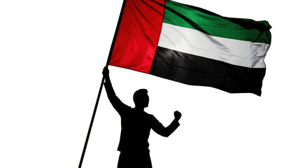 Silhouette of Man Holding United Arab Emirates Flag Isolated on White Background