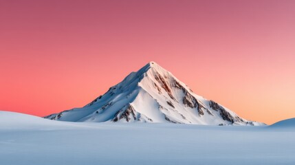 A majestic snow-capped mountain rises against a vibrant pink and blue sky, surrounded by a serene snowy landscape.