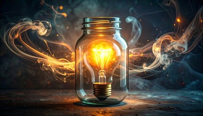 A glowing light bulb encased in a glass jar, surrounded by swirling mystical smoke and energy, symbolizing innovation and ideas.