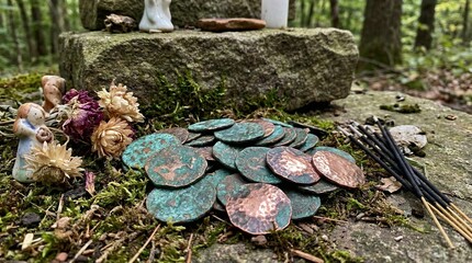 Outdoor woodland altar features copper coins incense and dried flowers offering to nature spirits