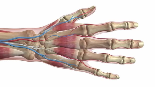 An anatomically correct illustration of a human hand with visible bones, muscles, and blood vessels