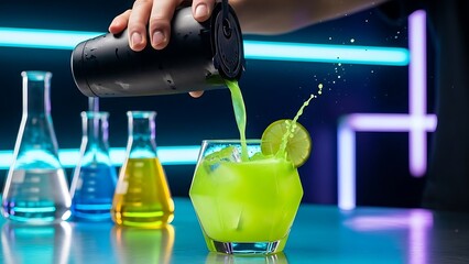 Hand pouring neon green cocktail splash in a futuristic setting
