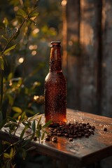 Bottle of beer with coffee beans