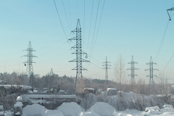 Winter landscape. Power transmission lines