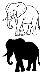 African Elephant Line Art and Black Silhouette Illustration Isolated on Transparent Background