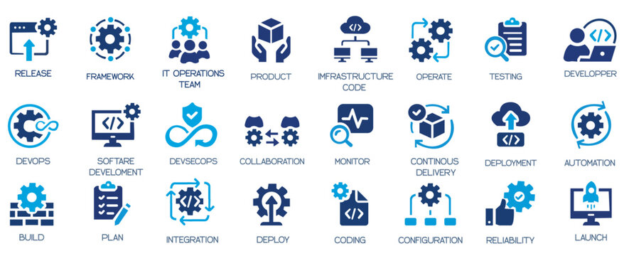DevOps icon collection, containing software development, deployment, operate, monitor, testing, collaboration and more. Solid vector icons set.