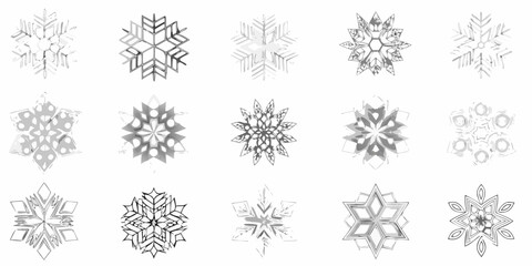 Collection of intricate grayscale snowflake illustrations with varying designs and shapes
