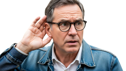Man in denim jacket and glasses cupping hand to ear to listen carefully