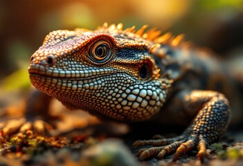 Close-up detailed lizard, textured skin, blurred background