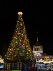 Kyiv, Ukraine 2026 - Christmas tree with lights outdoors in Kiev. New Year celebration.