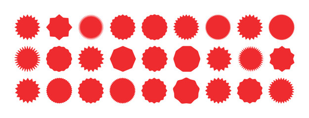 Circle sticker set wavy edge promo red badges star burst shape tags for price blank sale stickers simple silhouette flat vintage labels graphic illustration bold contrast retro marketing design icons