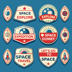 A collection of colorful space exploration badges and patches with various designs © Smritykona