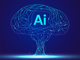 Futuristic Digital Tree of Artificial Intelligence and Big Data Network Lines Vector Design Concept with Brain Shape Circuitry Representing Neural Connections, Machine Learning, and Tech Innovation.
