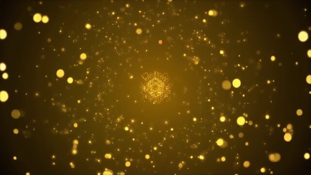 Abstract golden particles flowing into a vortex of light, shimmering bokeh background