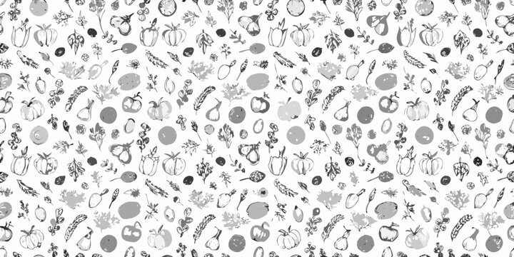 Detailed monochrome pattern featuring various fruits and vegetables in a seamless design