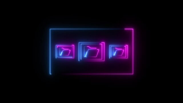 Neon Folder tree line icon on black background Computer network file folder organization structure flowchart. glowing neon page file animation icon. 4K Video motion graphic..
