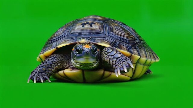 Colorful turtle on green screen background moving slowly