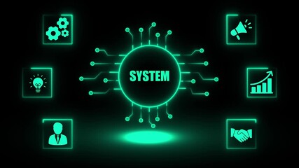 Digital system concept with interconnected icons representing gears idea megaphone growth handshake and person in neon glow on black background for technology business and innovation themes - Powered by Adobe