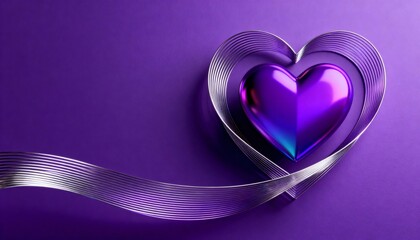 Glossy purple heart surrounded by a silver metallic ribbon on a smooth violet background. Modern romantic 3D illustration for Valentine’s Day, love, celebration, card, or luxury design projects