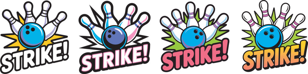 Bowling strike cartoon vector set with blue balls and pins