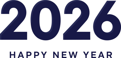 Professional 2026 Happy New Year banner featuring bold navy blue 3D typography with clean minimalist design on white background for celebration. © Nowshad