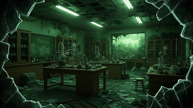 Post-apocalyptic science laboratory with broken glass and overgrown debris, conveying a sense of decay and abandonment