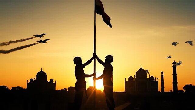 Indian Republic Day Flag Hoisting Silhouette Taj Mahal Sunset Patriotism