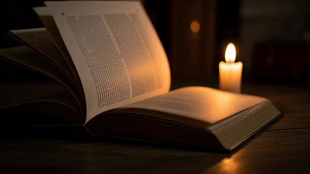 An old book illuminated by candlelight, evoking a sense of history and mystery.