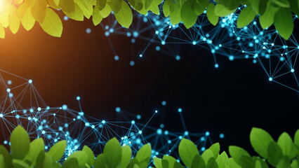 Digital Network Connection and Green Leaves Frame on Dark Background, Symbolizing Eco-Friendly Technology and Sustainable Innovation