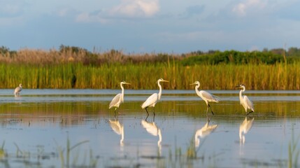 Egrets wading in shallow water