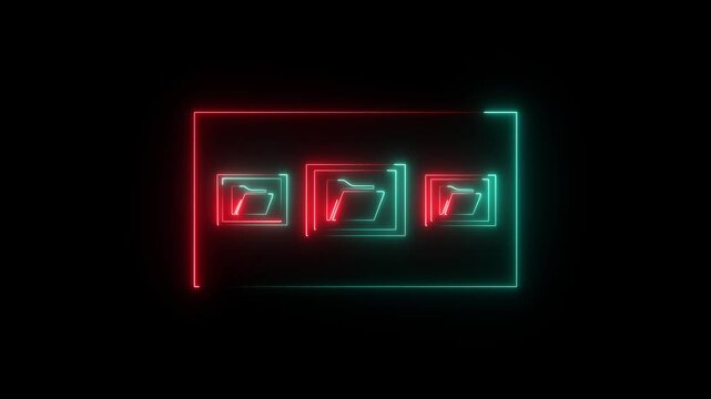 Neon Folder tree line icon on black background Computer network file folder organization structure flowchart. glowing neon page file animation icon. 4K Video motion graphic..