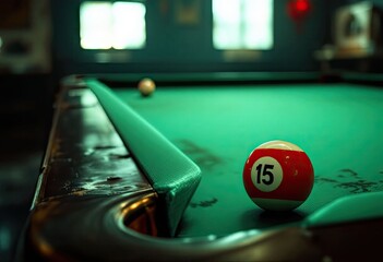 Pool table corner w/ ball, green felt, blurred background