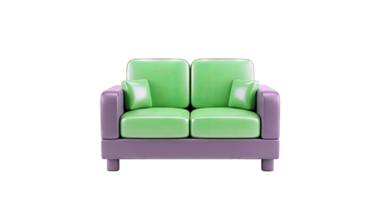 Two-seater sofa with green cushions and purple frame