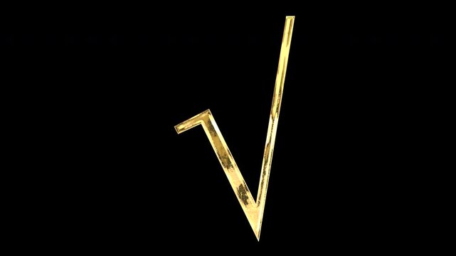 Gold square root symbol, light reflecting and patterns shifting, alpha channel