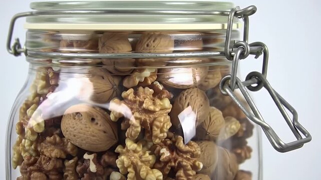 Walnuts in Glass Jar with Metal Hasp on White Background