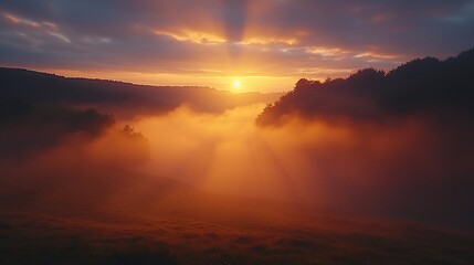 Fototapeta premium Stunning Sunset Over a Foggy Wilderness Vista With Silhouettes of Mountain Trees and Golden Light Across the Landscape