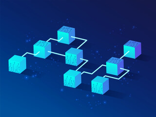 Futuristic Isometric Blue Cubes Linked in a Network to Represent AI Technology for Advanced Technology Vector Design Concept for Symbolizing Artificial Intelligence, Big Data and Cloud Computing.