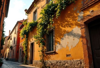Obraz premium Worn walls, plants climb buildings on a narrow euro street