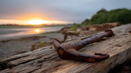 A rusty anchor rests on weathered wooden planks at the coast during a moody sunset