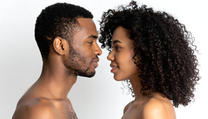 Couple looking at each other lovingly, minimal white studio setup, natural expressions