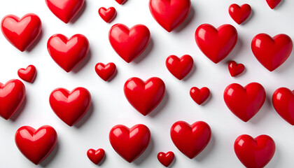 Flat lay of red hearts scattered on white table, minimalist Valentine background