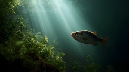 Obraz premium A solitary fish swims through sunlit underwater depths illuminated by ethereal light rays