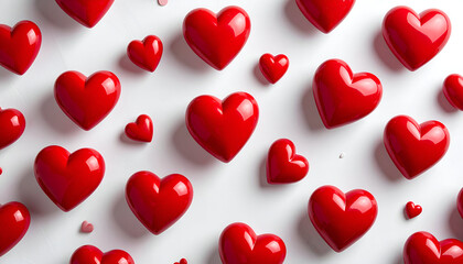 Flat lay of red hearts scattered on white table, minimalist Valentine background